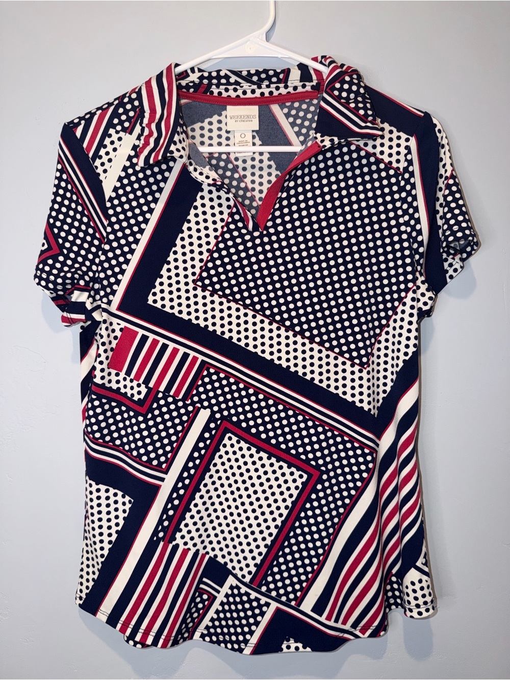 Geometric Dot & Stripe Button-Down Top in Navy, White & Red
